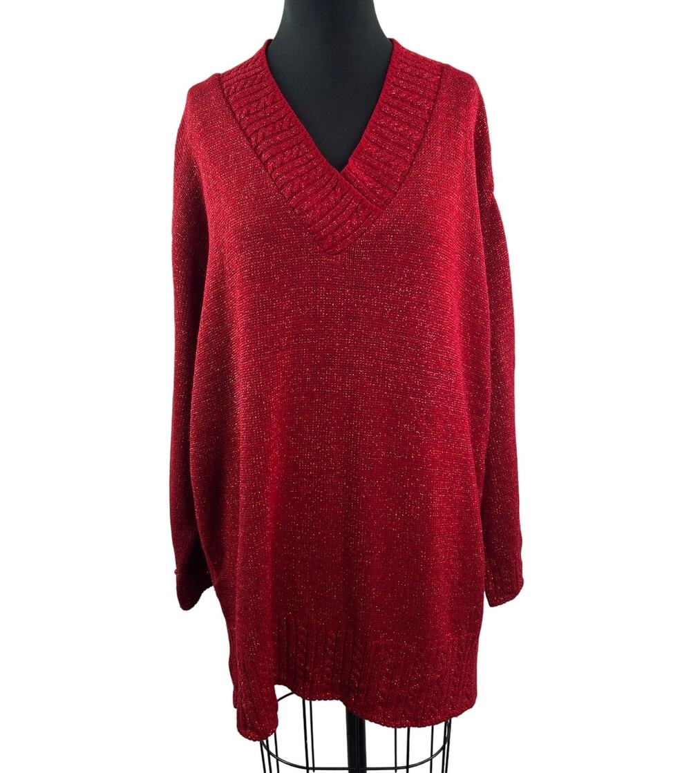 Vintage DVF Diane von Furstenberg Red Metallic Sweater V-Neck Pullover Size 3X